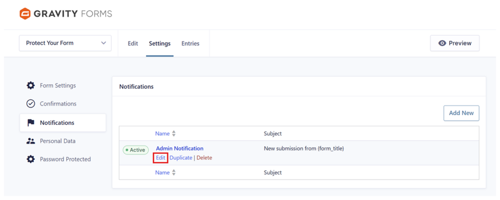 Gravity Forms notifications tab with Add New option