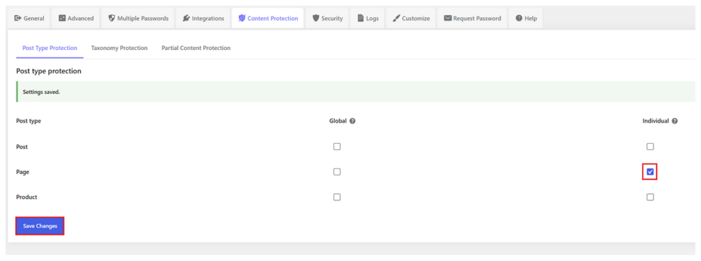 Individual Page Protection selected in Content Protection settings