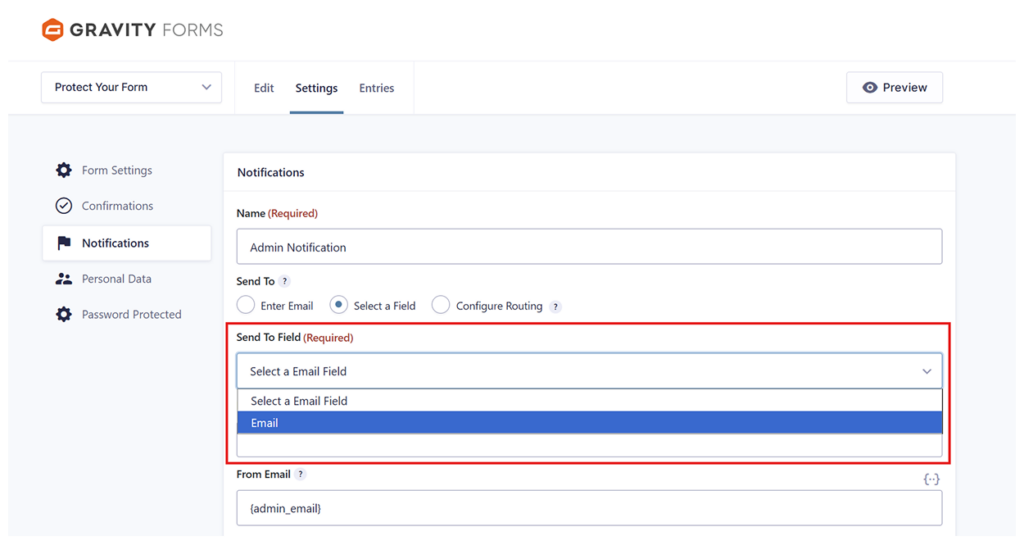 Notification settings configured to send a Bypass URL email to users