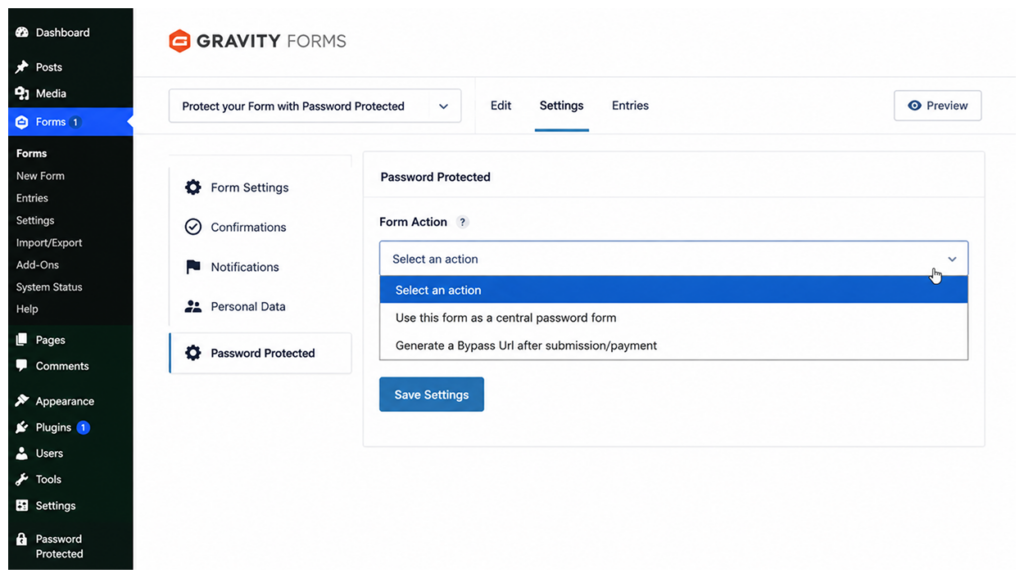 Password Protected Form Action dropdown in Gravity Forms