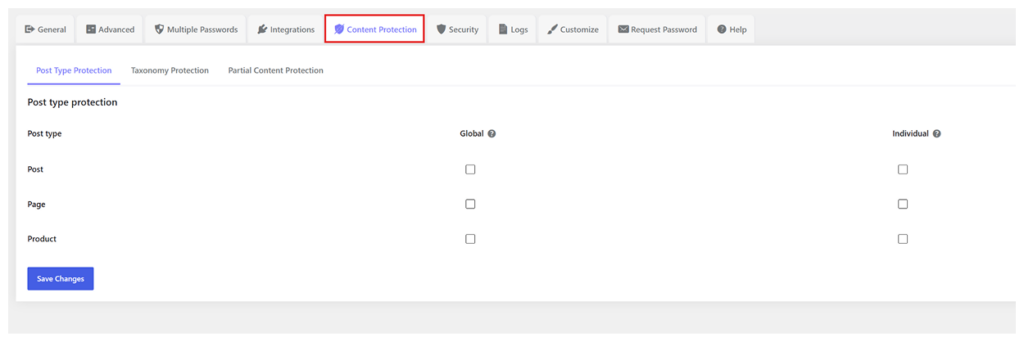 Password Protected dashboard with Content Protection Tab selected