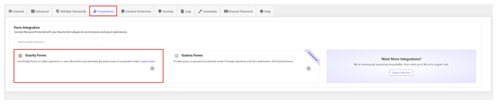 Password Protected integrations showing Gravity Forms