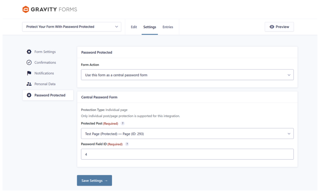 Password Protected settings with page and password field ID selected