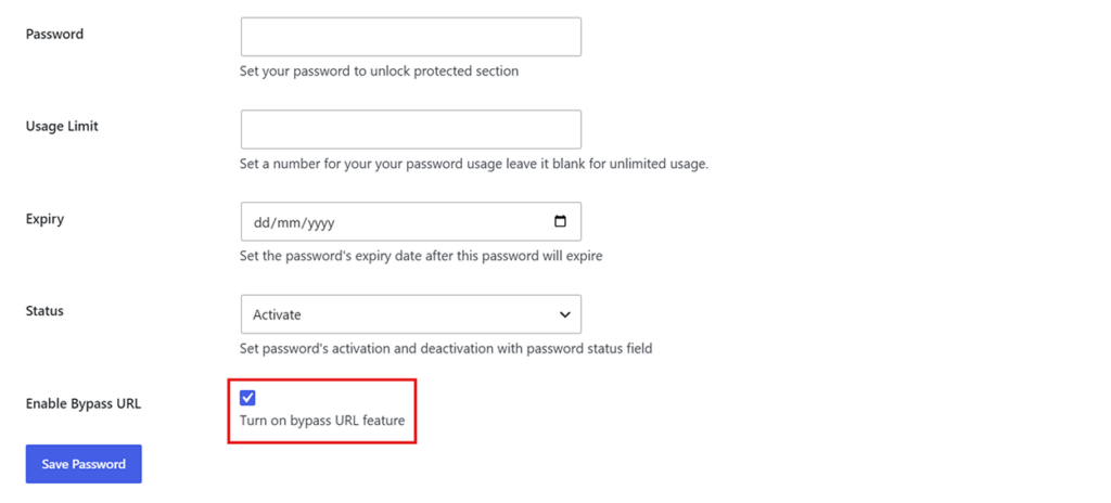 Password protection settings with Bypass URL enabled