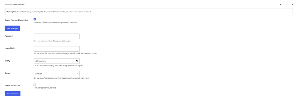 Password settings with usage limits, expiry, and bypass URL field