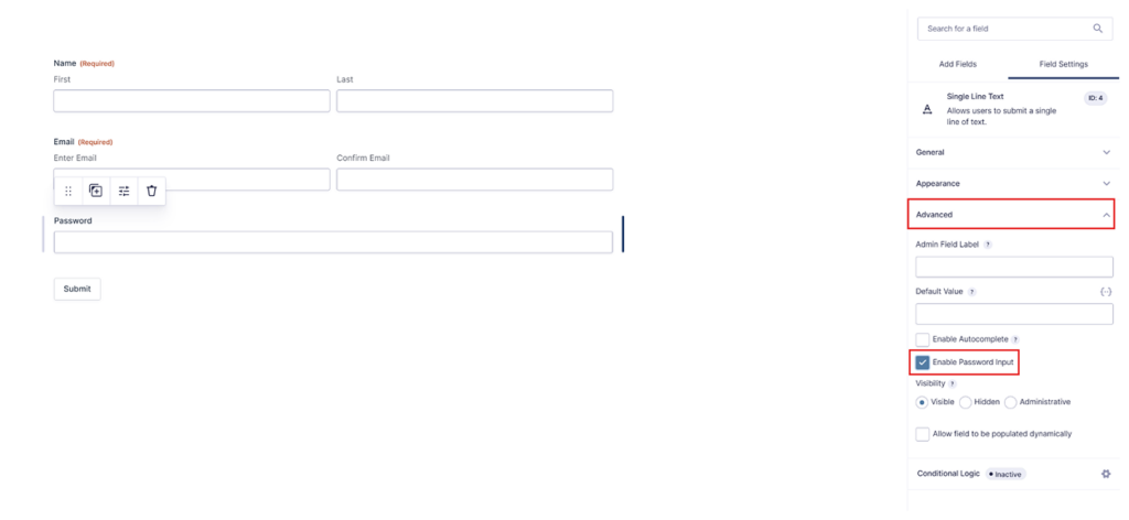 Single Line Text field configured as a password input in Gravity Forms