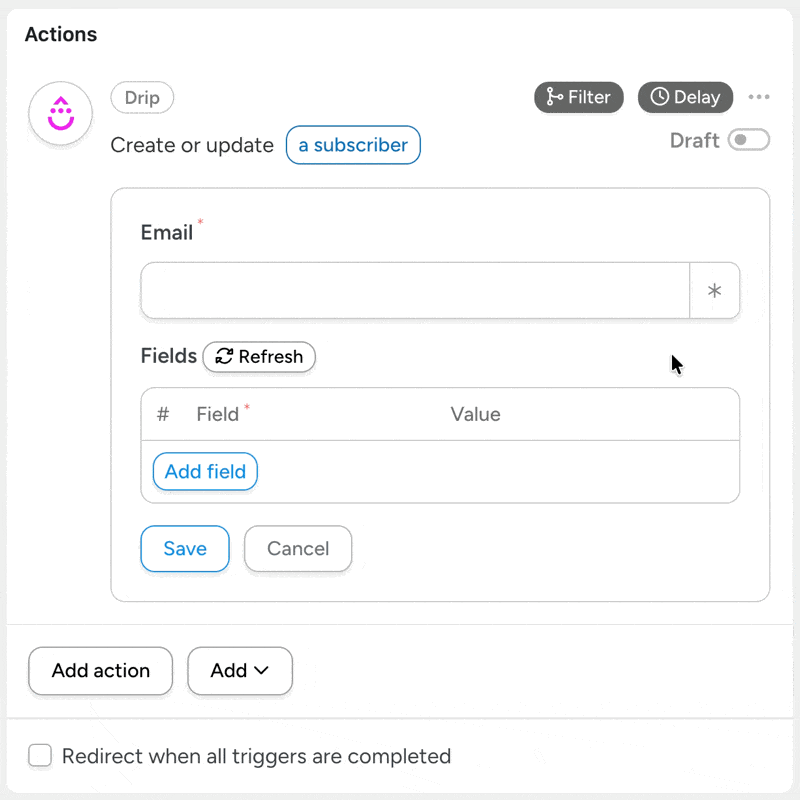 Uncanny Automator Drip action to create or update a subscriber, showing the token picker being used to insert the email token from a Gravity Forms trigger into the Email field.