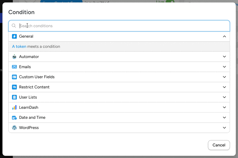Adding a filter to an Automator action where the token “What service are you looking for?” from a Gravity Forms trigger must meet the criteria that the field response is “I need a new website”.